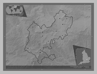 Central Bedfordshire, England - Great Britain. Grayscale. Labelled points of cities
