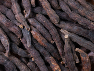 super macro shot of heap exotic spice selim pepper ,xylopia acthiopica, from Senegal in details...