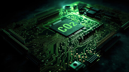 Green Computing: Sustainable Motherboard with CO2 Symbol, AI Generative