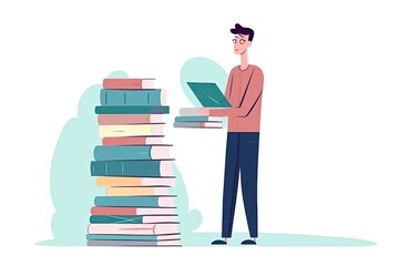 man standing next to a tall stack of books reaching up to the ceiling. Generative AI