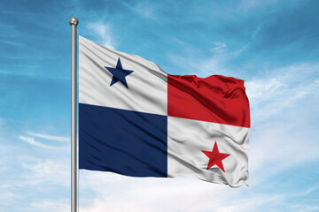 Fototapeta na wymiar Panama national flag cloth fabric waving on beautiful sky Background.