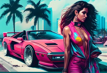 Retro wave vice Miami fashioned woman near 90s sport car. Sunset scene in Miami of 80's. Synth wave. Outrun Nostalgia Fashion Look Book. Generative ai. - obrazy, fototapety, plakaty