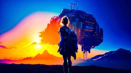 Woman standing in front of sci - fi spaceship in the sunset. Generative AI.