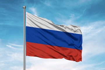 Fototapeta na wymiar Russia national flag cloth fabric waving on beautiful sky Background.