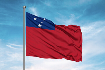 Fototapeta na wymiar Samoa national flag cloth fabric waving on beautiful sky Background.