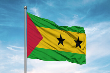 Sao Tome and Principe. national flag cloth fabric waving on beautiful sky Background.