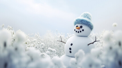 Obraz premium Panoramic view of happy snowman in winter scenery. Generative Ai