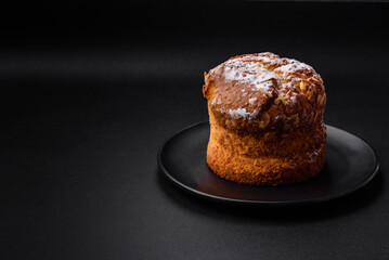 Delicious fresh christmas pie with fruit and raisin panettone