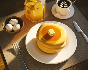 breakfast with pancakes on plate, eggs in bowl and cup of coffee and honey syrup on table. 3d rendering illustration