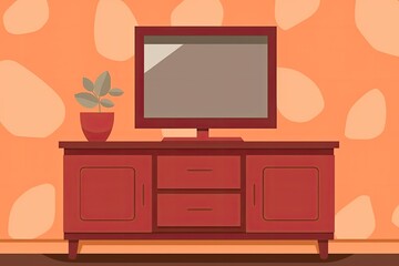 modern flat screen TV placed on a rustic wooden dresser. Generative AI