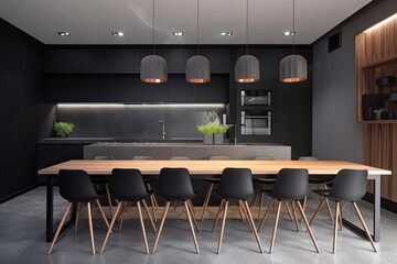 A sleek, dark grey, contemporary kitchen with an island. Generative AI