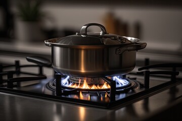 stainless pan on the hob, cooking on a gas stove, the cost of gas in Europe. Generative AI