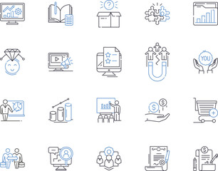 Strategy and brainstorming outline icons collection. Strategy, Brainstorming, Planning, Analyzing, Conceptualizing, Ideating, Thinking vector and illustration concept set. Innovating, Assessing