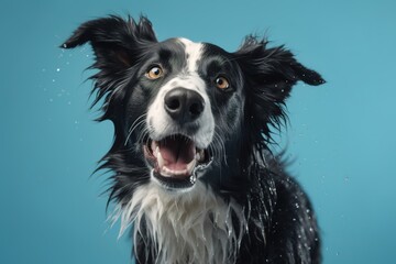 A wet, happy Border Collie dog taking a bath, playing in water. pet care grooming and washing concept.