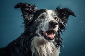 A wet, happy Border Collie dog taking a bath, playing in water. pet care grooming and washing concept.