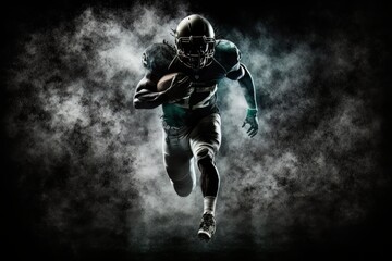 Fototapeta na wymiar American football player running in a dark background. Generative Ai
