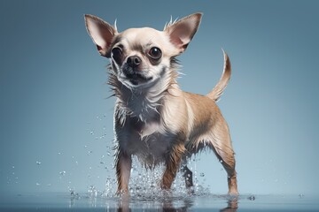 A wet, happy Chihuahua dog taking a bath, playing in water. pet care grooming and washing concept.