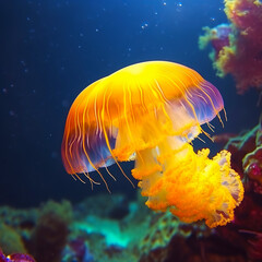 Glowing jellyfish swim deep in blue sea. Generative AI
