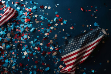 American flags and confetti stars on blue background