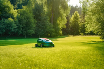 Automatic robot lawn mower on a green lawn with summer landscape forest background. High quality generative ai