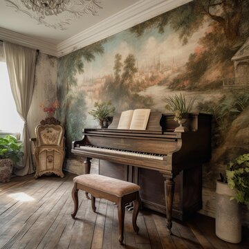 A Piano, Wall-Hung Painting, and Vintage Furniture: An Antique Interior Design at Home. Generative AI