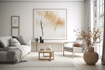 Modern Home Interior Design: Generative Room Decor on White Canvas Frame Against Scandinavian Living Room Background: Generative AI
