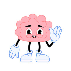 Funny retro cartoon comic pink human brain character sticker drawing on white background. Smart brain flat style education concept design for web, banner, poster. Cute vector hand drawn illustration.