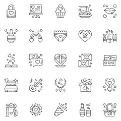 Valentine's Day Icons: teddy bear. letter. ring with a diamond. sweetmeats. heart. rose. cupcake. strawberry in chocolate and gift. Vector illustration.