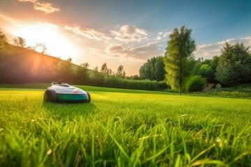 Automatic robot lawn mower on a green lawn with summer landscape background. High quality generative ai - obrazy, fototapety, plakaty