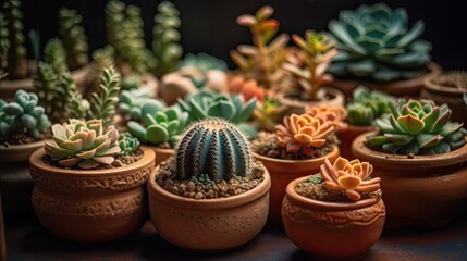 Tropical Elegance: Vibrant Botanical Collection of Miniature Succulents in a Terracotta Clay Pot. Generative AI