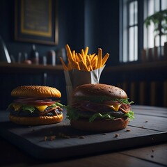 A delicious hamburger on a table in a cozy place