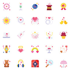 Valentine's Day Icons: teddy bear. letter. ring with a diamond. heart. rose. cupcake. strawberry in chocolate and gift. Vector illustration.