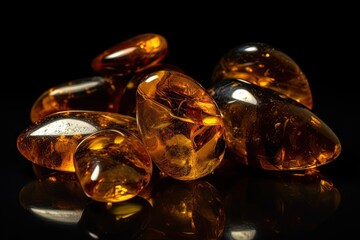 Treasured Ancient Luxury: Elegant Polished Amber Stones on Black Background, Generative AI