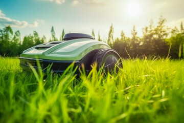 Automatic robot lawn mower on a green lawn with summer landscape background. High quality generative ai