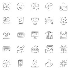 Valentine's Day Icons: teddy bear. letter. ring with a diamond. sweetmeats. heart. rose. cupcake. strawberry in chocolate and gift. Vector illustration.