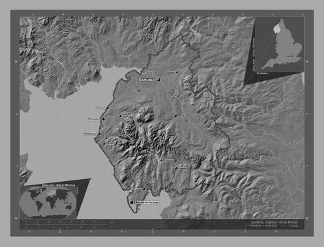 Cumbria, England - Great Britain. Bilevel. Labelled points of cities