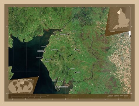 Cumbria, England - Great Britain. Low-res satellite. Labelled points of cities