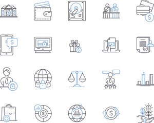 Fototapeta premium Financial markets outline icons collection. Finance, Markets, Investing, Securities, Equities, Bonds, Trading vector and illustration concept set. Stocks, Derivatives, Commodities linear signs