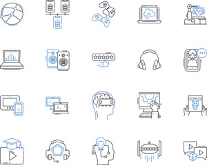 Appliances and computers outline icons collection. Appliances, Computers, Refrigerators, Washers, Dryers, Dishwashers, Microwaves vector and illustration concept set. Monitors, Keyboards, Routers