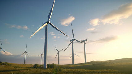 Fototapeta na wymiar Wind turbines on sunny morning. Generative Ai