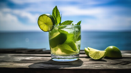 Summer lime cocktail , drink with fresh fruits on wooden table and tropical beach. Generative Ai