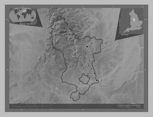 Derbyshire, England - Great Britain. Grayscale. Labelled points of cities
