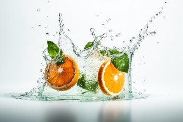 Fototapeta na wymiar Water splashing with fresh orange slices, mint leaves as a concept for summertime libations. White high key background. High quality generative ai