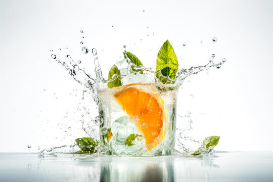Water splashing with fresh orange slices, mint leaves as a concept for summertime libations. White high key background. High quality generative ai