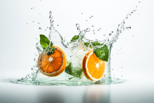 Water splashing with fresh orange slices, mint leaves as a concept for summertime libations. White high key background. High quality generative ai © MVProductions