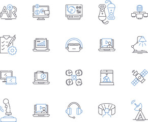 Electronic production outline icons collection. Electronics, Production, Manufacturing, Assembly, Design, PCB, Soldering vector and illustration concept set. Automation, Testing, CNC linear signs