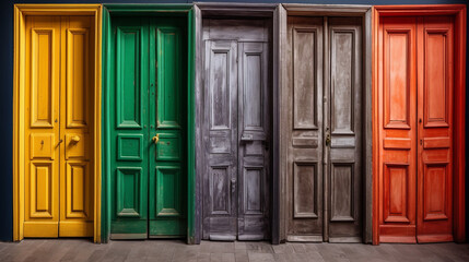 colorful standing wooden doors lined up side by side Generated AI