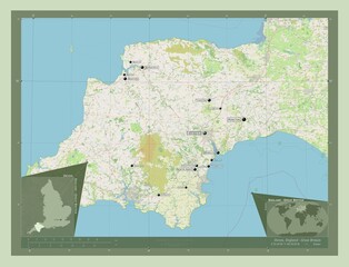 Devon, England - Great Britain. OSM. Labelled points of cities