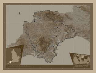 Devon, England - Great Britain. Sepia. Labelled points of cities