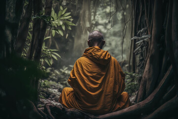 Rear view of a buddhist monk meditating in a forest. Generative Ai - obrazy, fototapety, plakaty